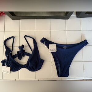 NWT Monday Swimwear Navy Blue ribbed Bikini set